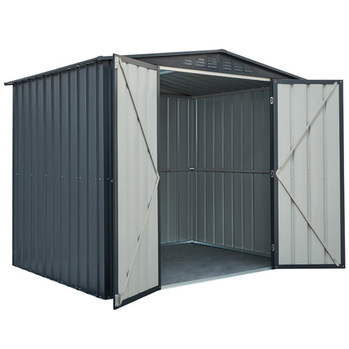 Globel Apex Roof Metal Shed 8 x 6 Double Hinged Door Mobility Shed Grey